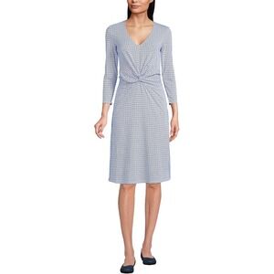 Lands End Womens Indigo Geometric Twist Front V-Neck Midi Dress Pockets L Tall